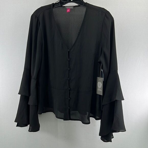 Vince Camuto Double Ruffle Button Front Blouse Rich Black- Size Medium- NWT - Picture 1 of 6